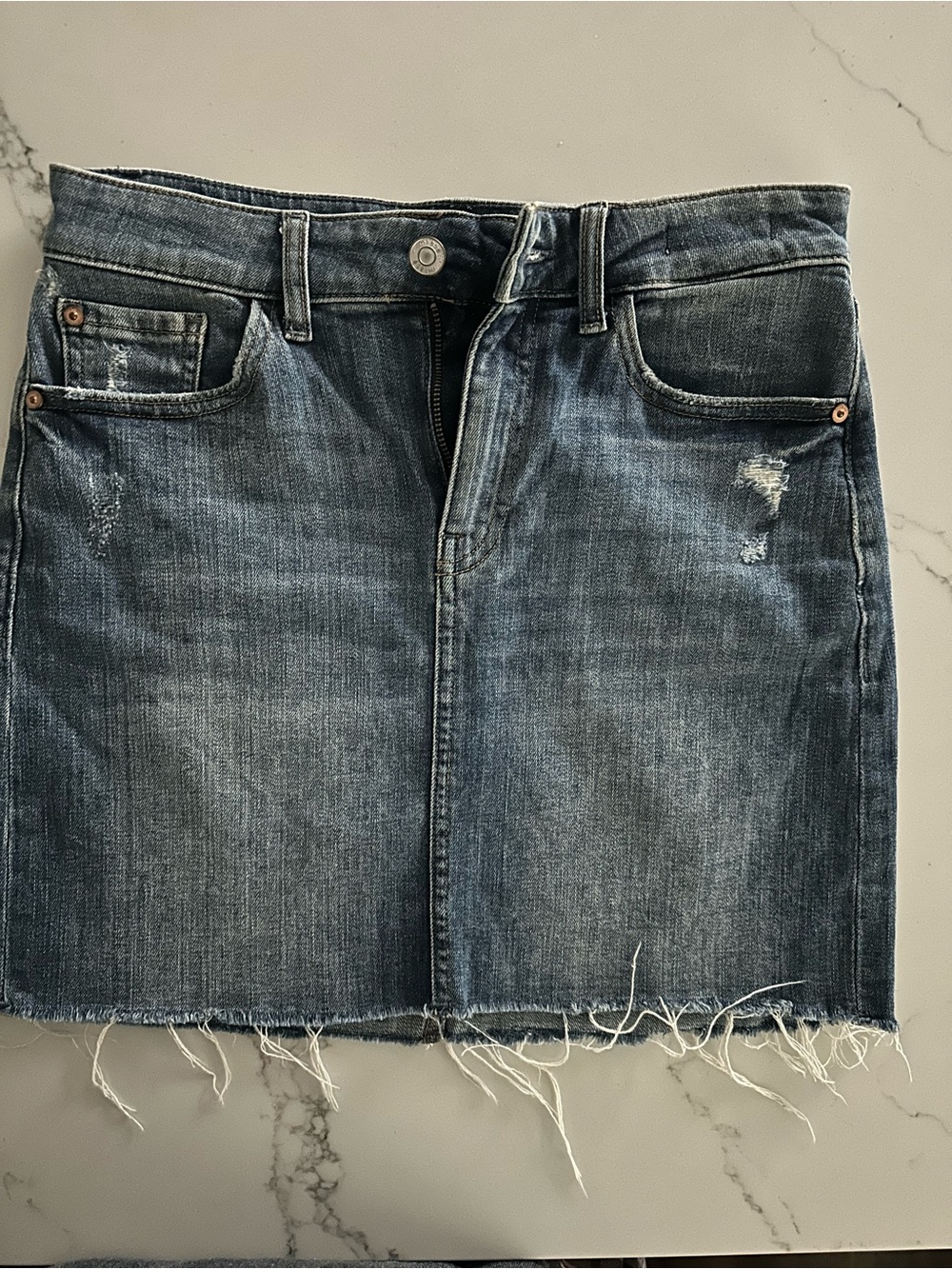 Frayed Hem Washed Blue Denim Mini Skirt